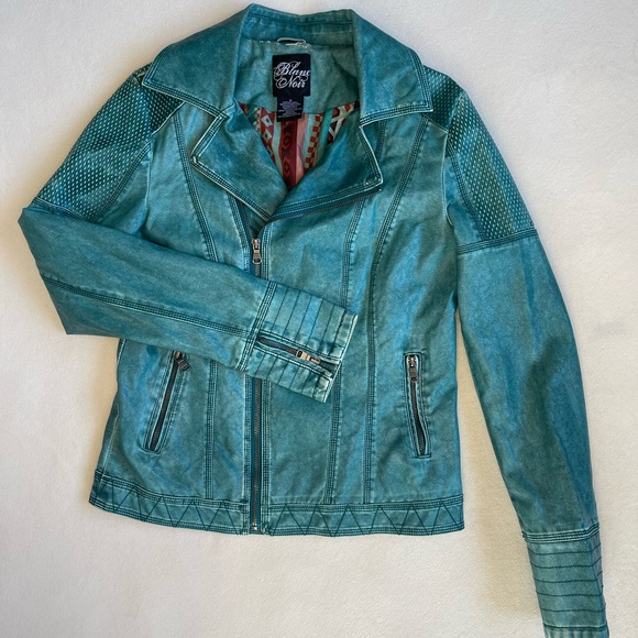 Blanc Noir turquoise teal faux leather moto jacket • size M - Picture 6 of 16